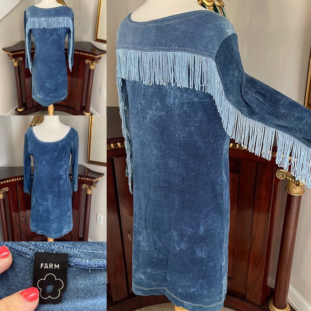 FARM Rio Blue Fringe Long Sleeve Dress